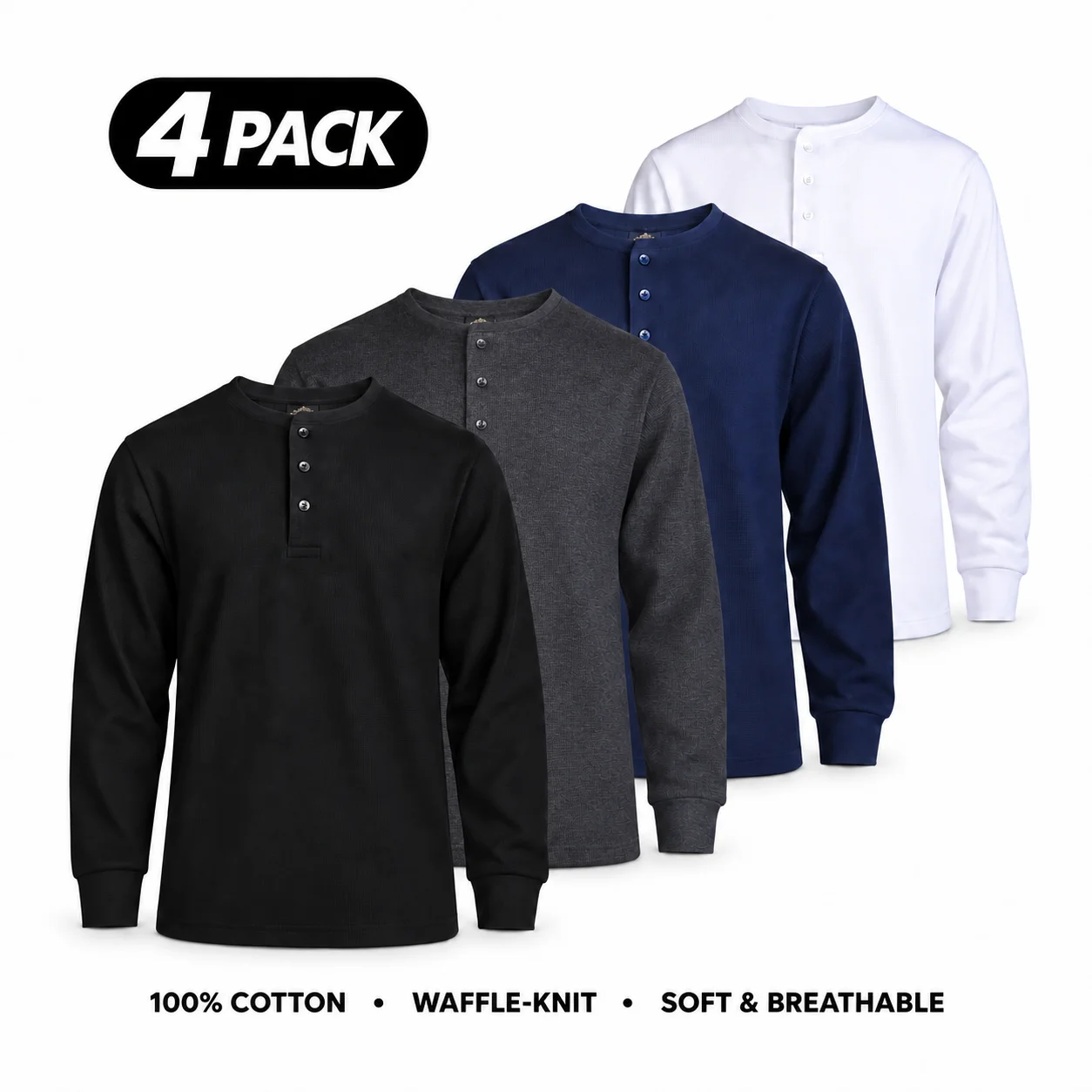 Men's 100% Cotton Waffle-Knit Thermal Henley Shirt