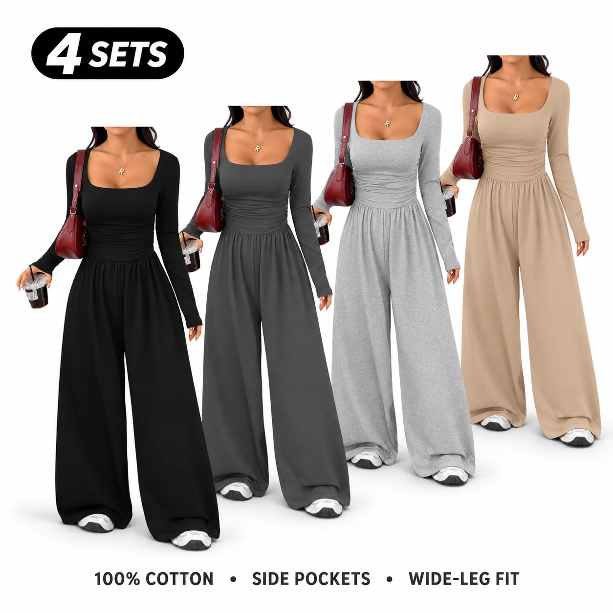 Women’s 100% Cotton Long Sleeve Knit Wide-Leg Jumpsuit with Pockets