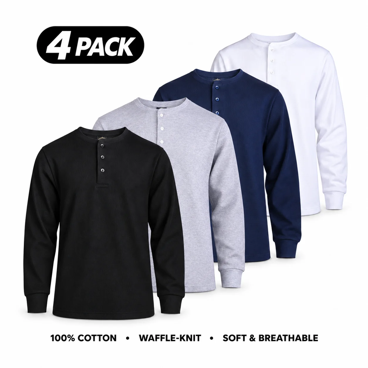 Men's 100% Cotton Waffle-Knit Thermal Henley Shirt