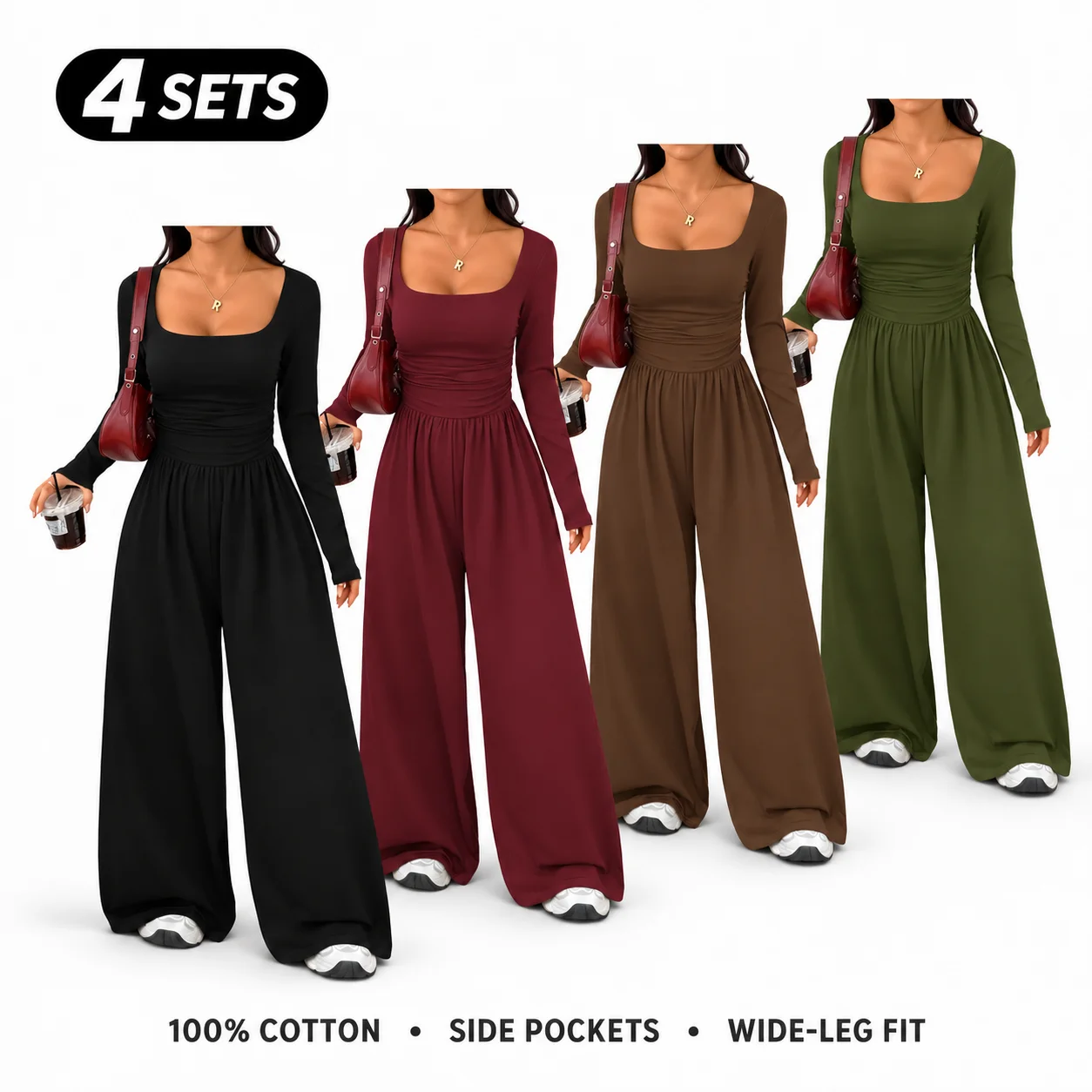 Women’s 100% Cotton Long Sleeve Knit Wide-Leg Jumpsuit with Pockets