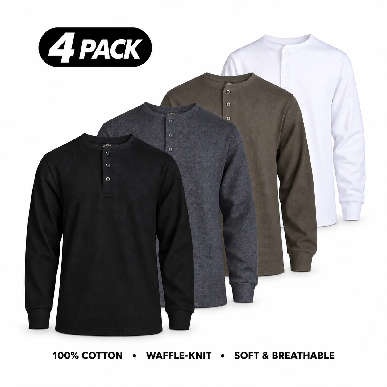 Men's 100% Cotton Waffle-Knit Thermal Henley Shirt