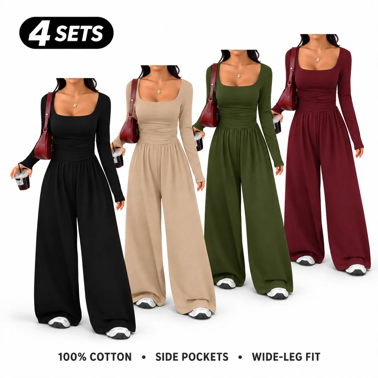 Women’s 100% Cotton Long Sleeve Knit Wide-Leg Jumpsuit with Pockets