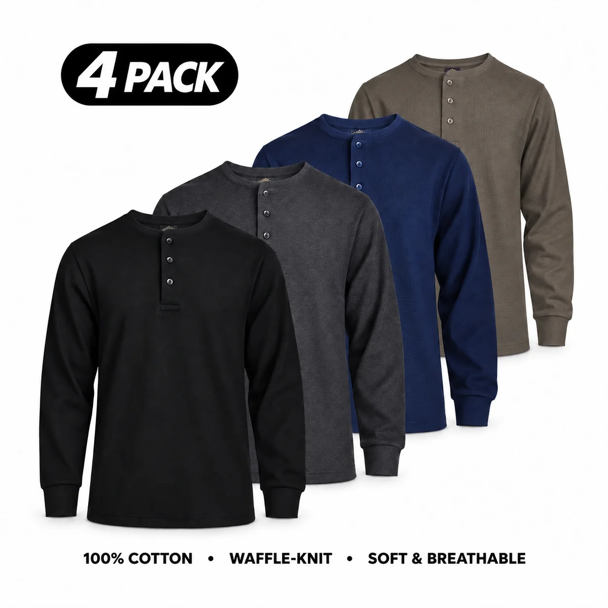 Men's 100% Cotton Waffle-Knit Thermal Henley Shirt