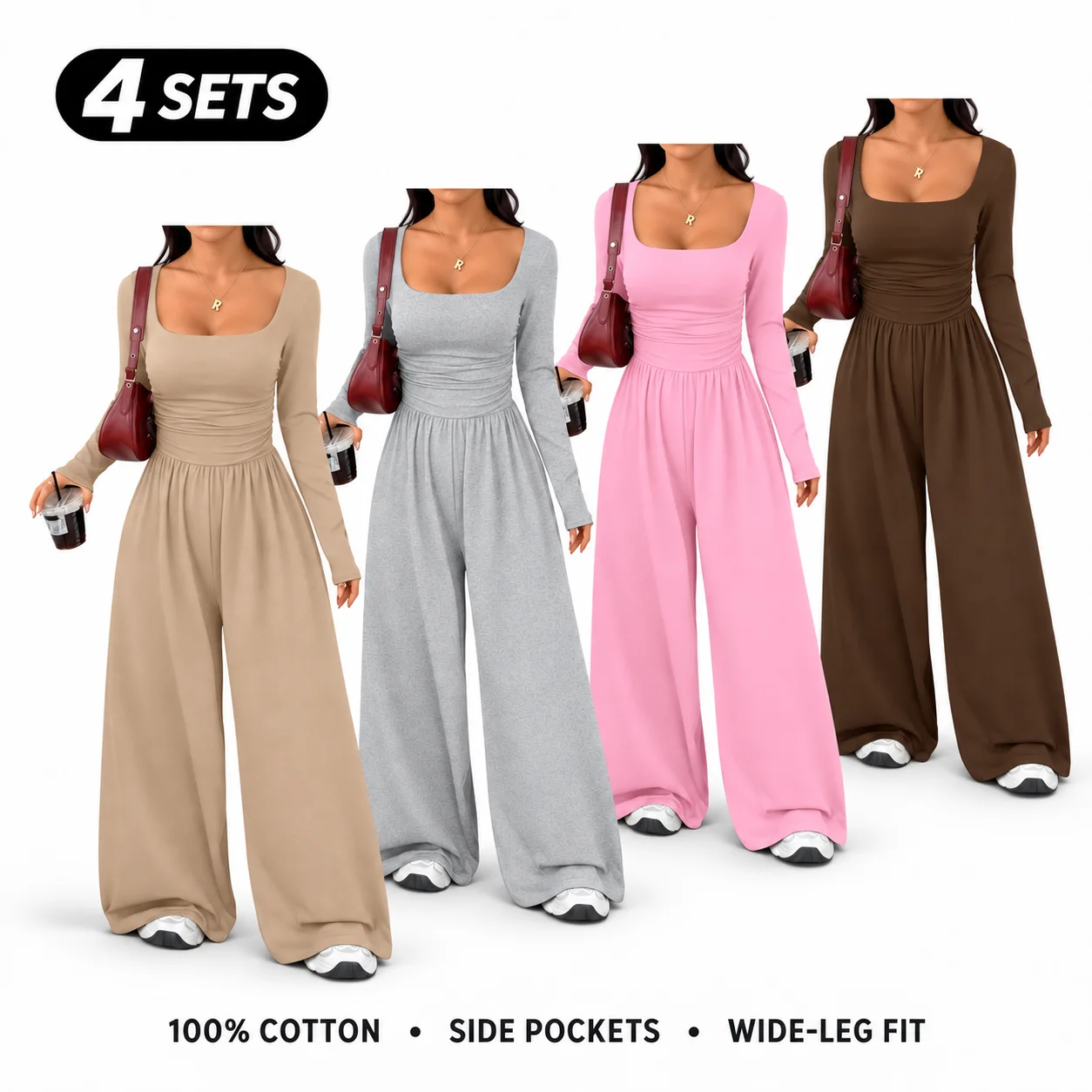 Women’s 100% Cotton Long Sleeve Knit Wide-Leg Jumpsuit with Pockets