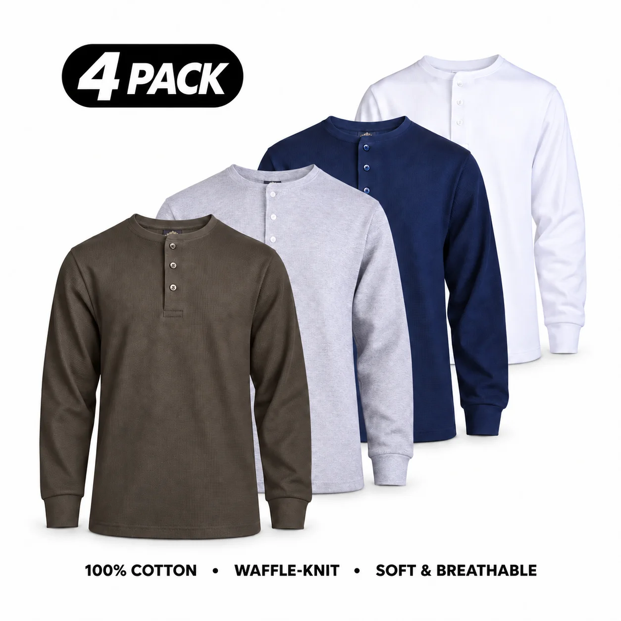 Men's 100% Cotton Waffle-Knit Thermal Henley Shirt