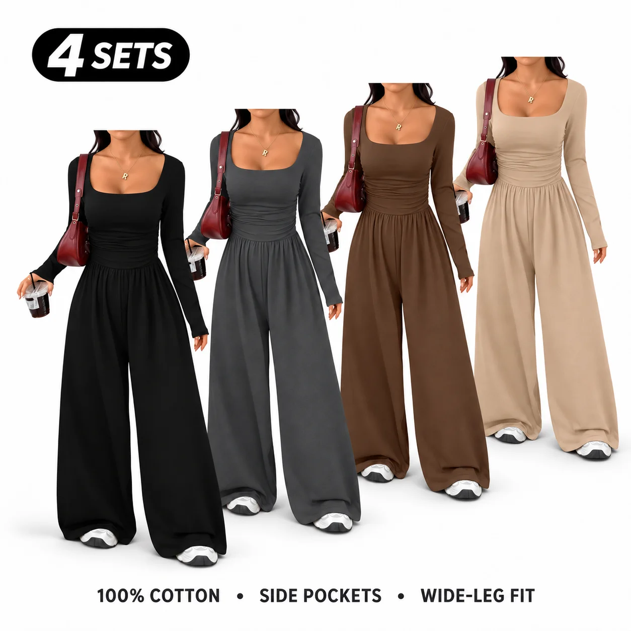 Women’s 100% Cotton Long Sleeve Knit Wide-Leg Jumpsuit with Pockets