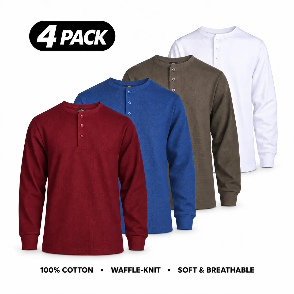 Men's 100% Cotton Waffle-Knit Thermal Henley Shirt