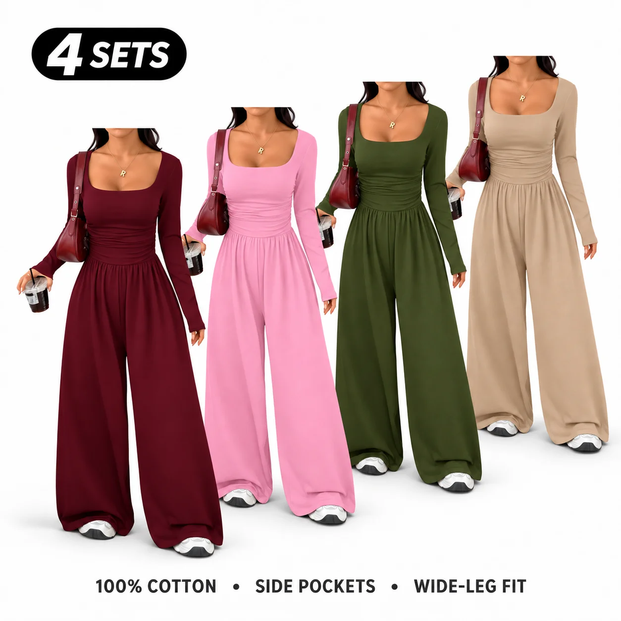 Women’s 100% Cotton Long Sleeve Knit Wide-Leg Jumpsuit with Pockets