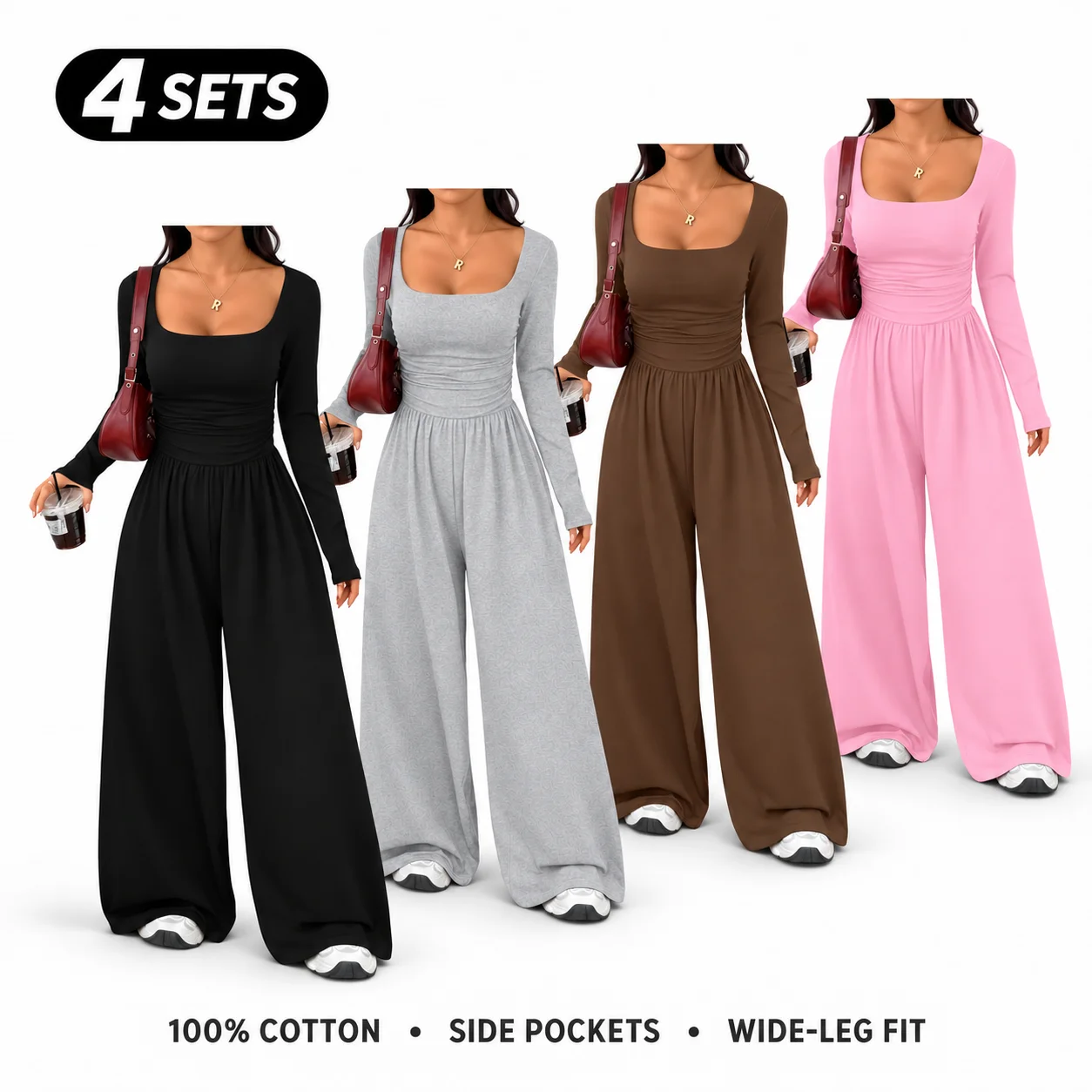 Women’s 100% Cotton Long Sleeve Knit Wide-Leg Jumpsuit with Pockets