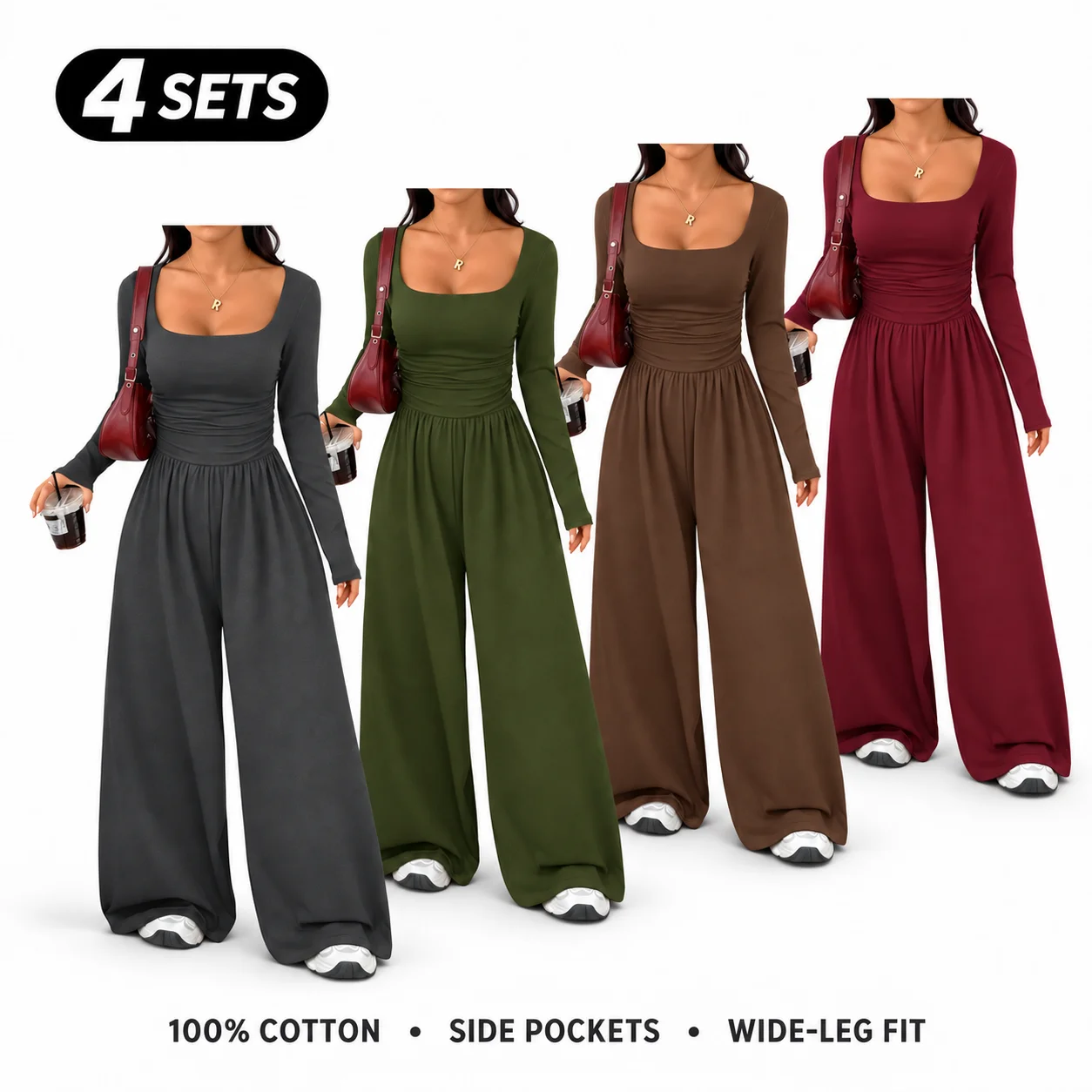 Women’s 100% Cotton Long Sleeve Knit Wide-Leg Jumpsuit with Pockets