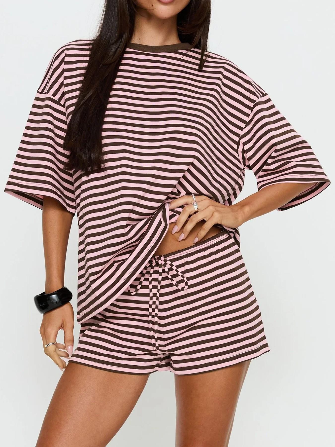 2 Spring Summer Stripe Print 2 Piece Outfit Women Clothes | Oversized T-Shirt + Drawstring Shorts | Soft Casual Knit Lounge Set | Y2K Clean Girl Style for Daily Home Vacation Wear