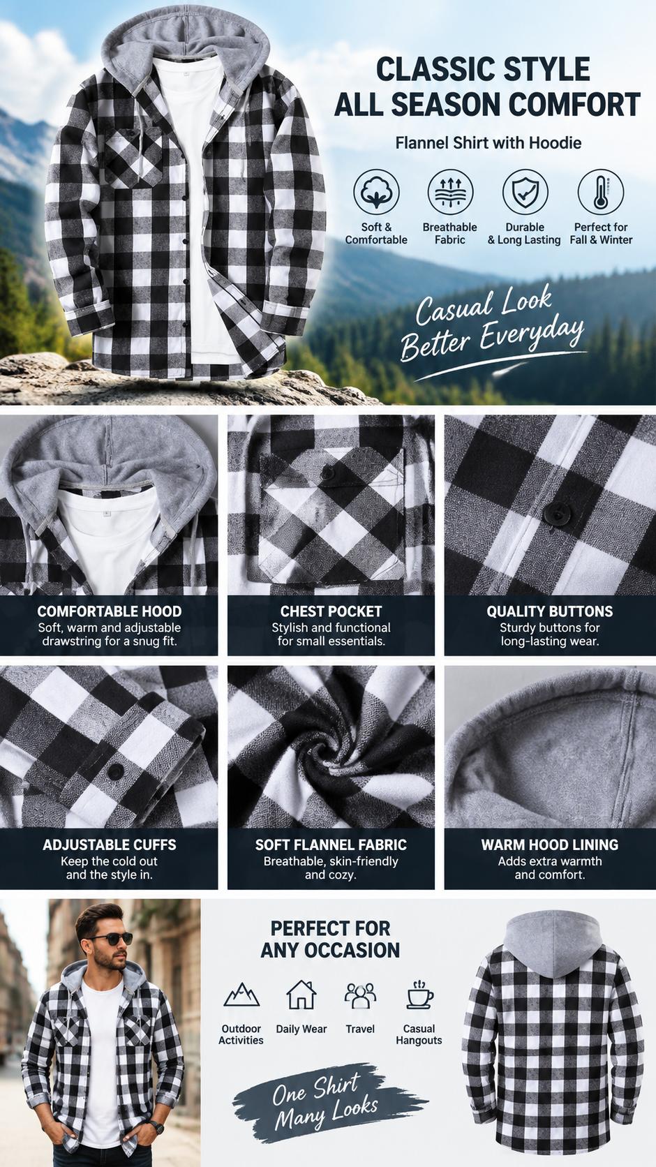 ZITY Men's Big & Tall [M-6XL] plaid front buckle ankle drawstring hooded shirt, regular style casual, fashionable, comfortable long sleeved jacket with pockets, suitable for spring and autumn, men's daily wear