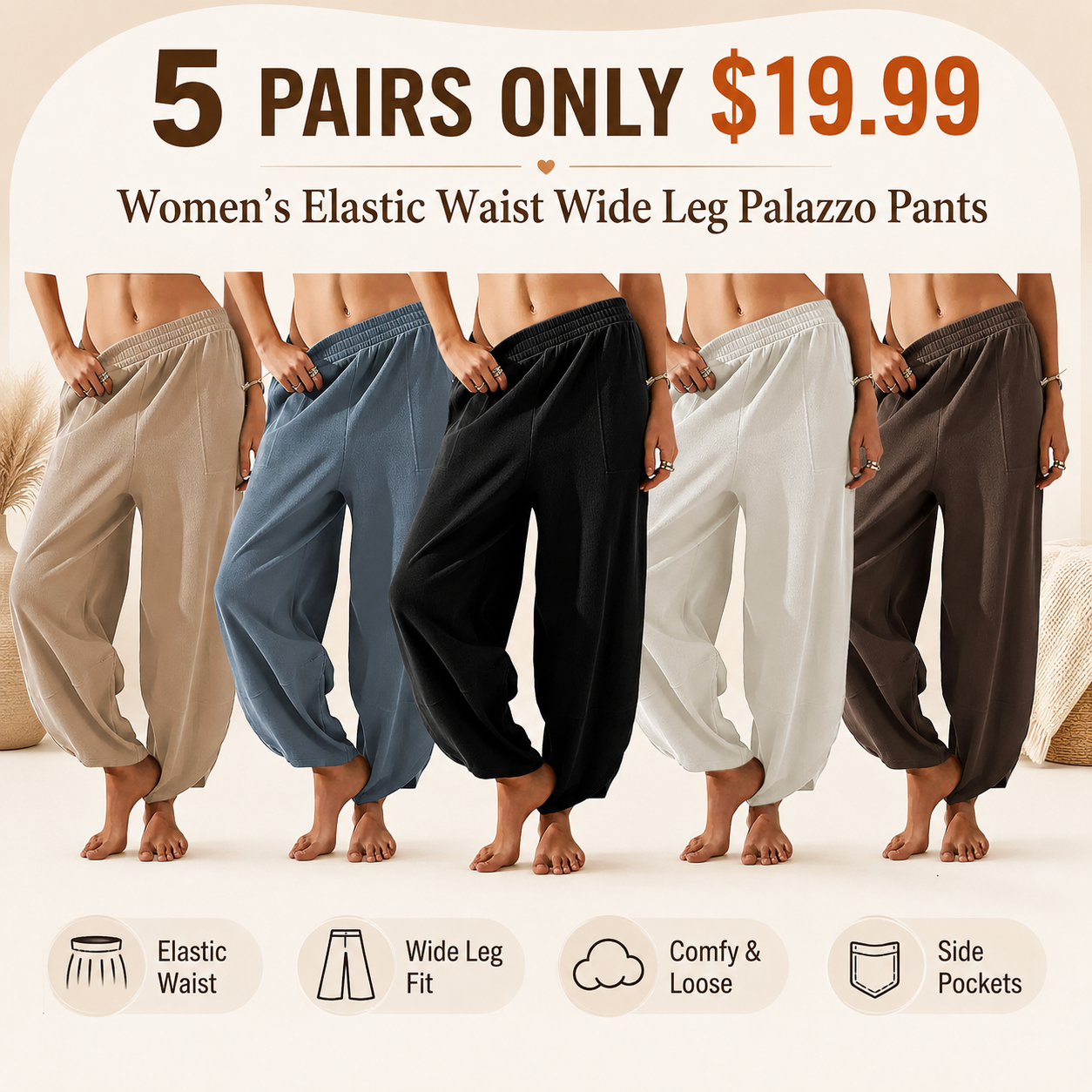 Women's Elastic Waist Wide Leg Palazzo Pants