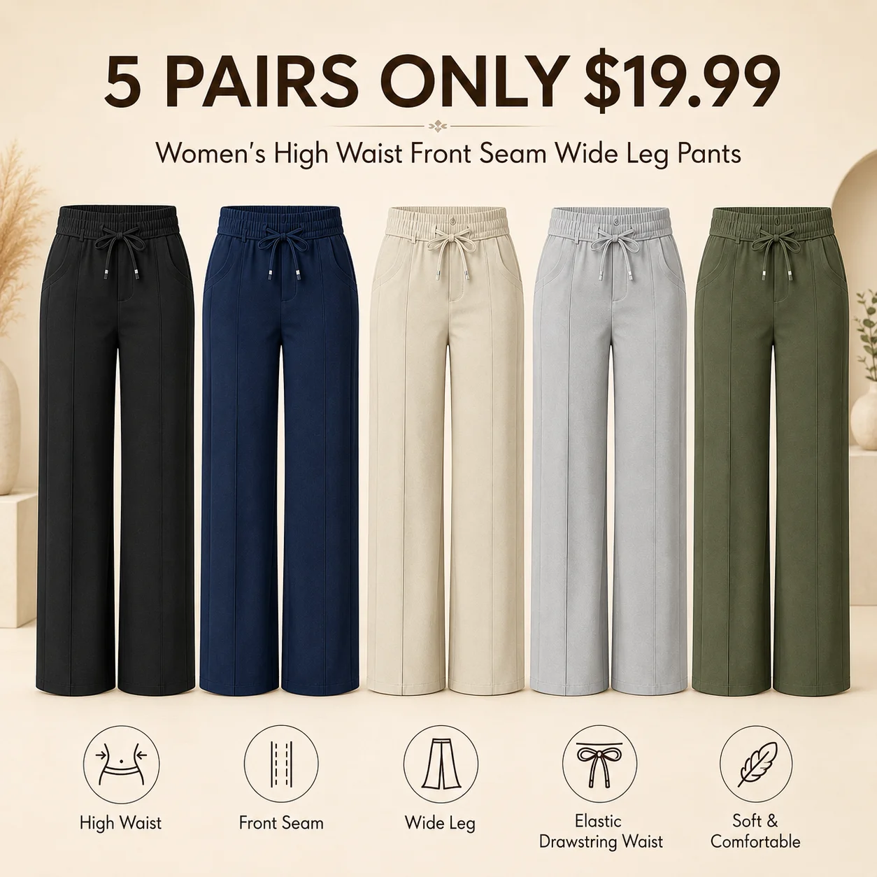 Women's High Waist Front Seam Wide Leg Pants