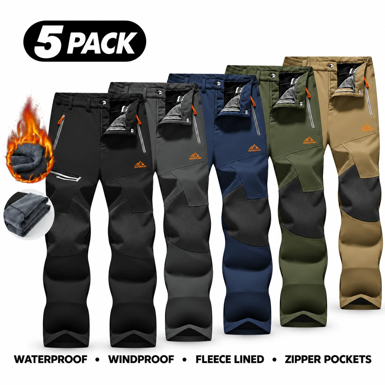 Men's Water-Resistant Fleece-Lined Snow Pants with 4 Zip Pockets & Reinforced Knees