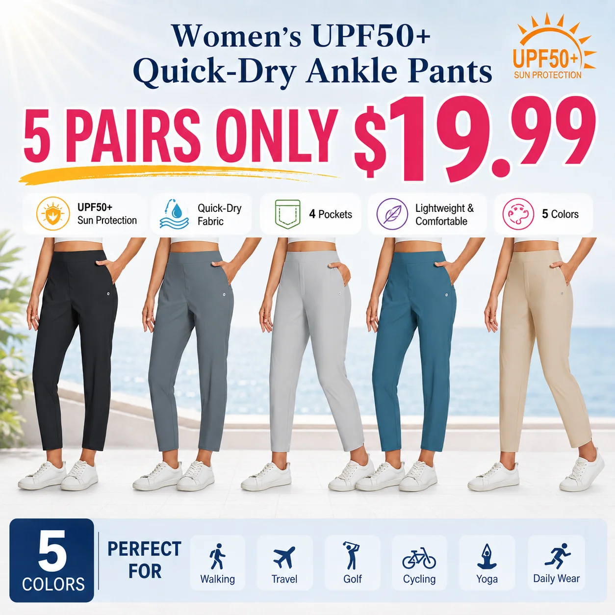 Women's UPF50+ Quick-Dry Ankle Pants with 4 Pockets