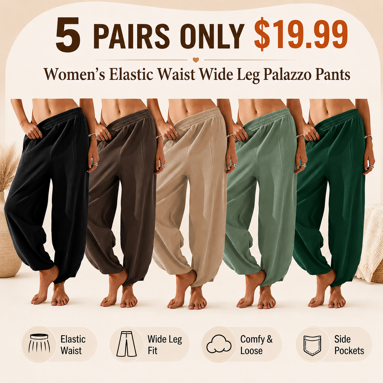 Women's Elastic Waist Wide Leg Palazzo Pants