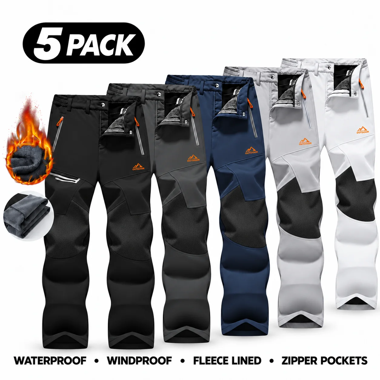 Men's Water-Resistant Fleece-Lined Snow Pants with 4 Zip Pockets & Reinforced Knees