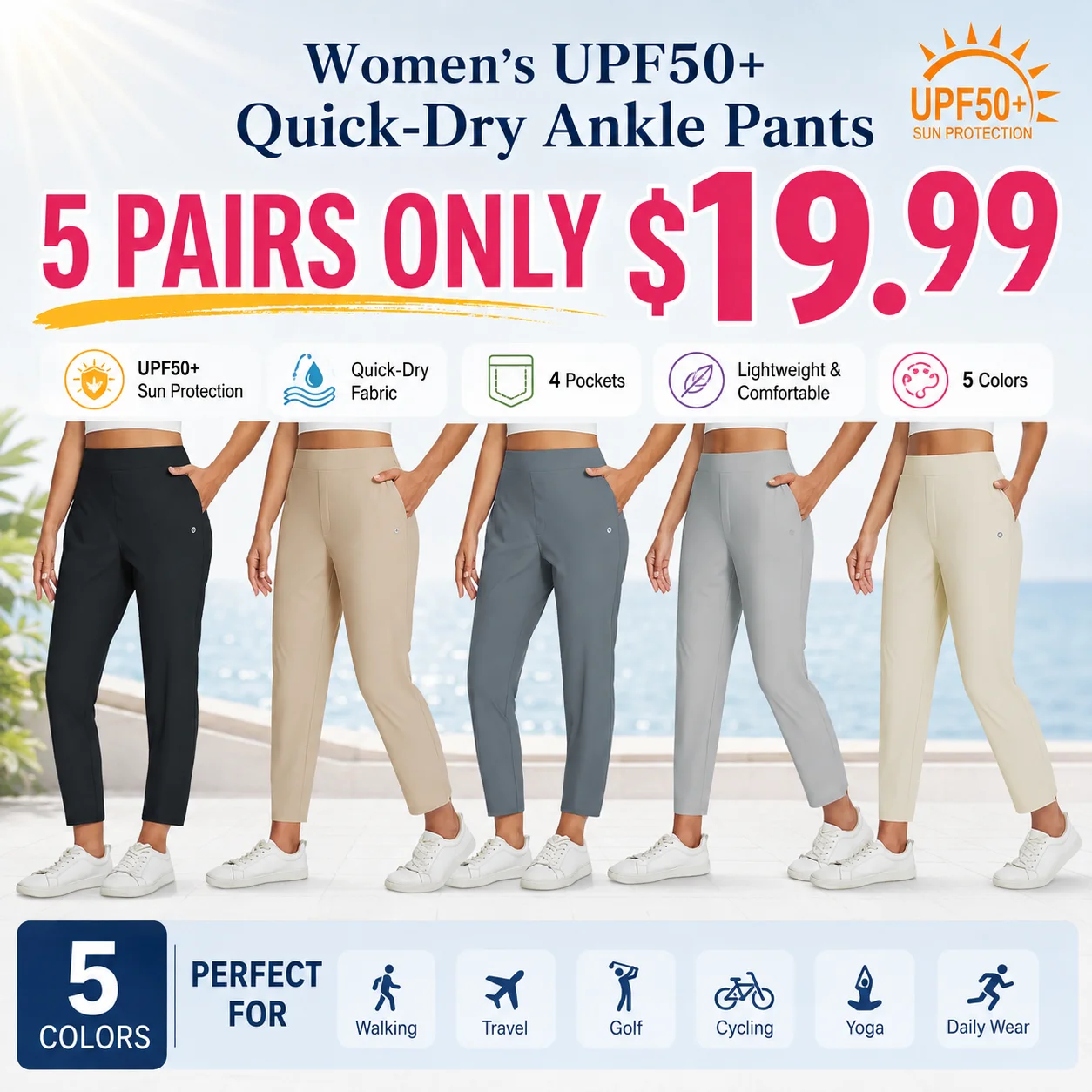 Women's UPF50+ Quick-Dry Ankle Pants with 4 Pockets