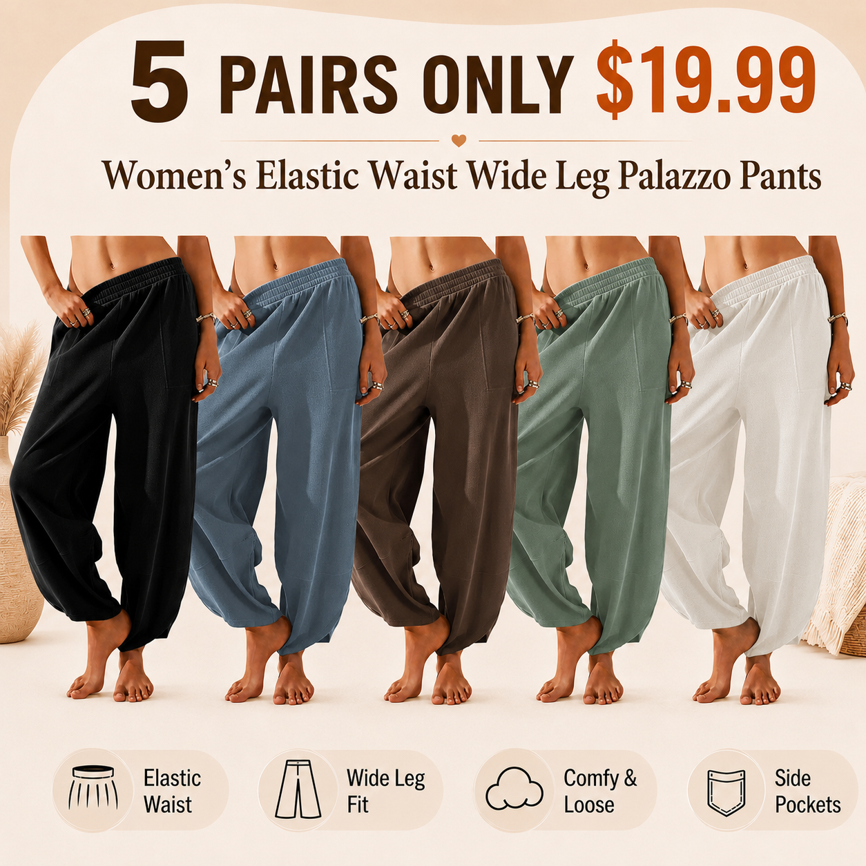 Women's Elastic Waist Wide Leg Palazzo Pants