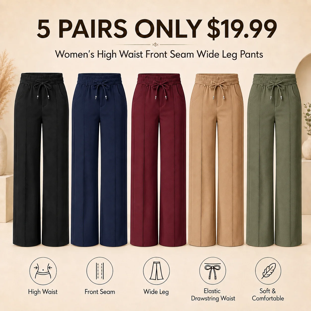 Women's High Waist Front Seam Wide Leg Pants