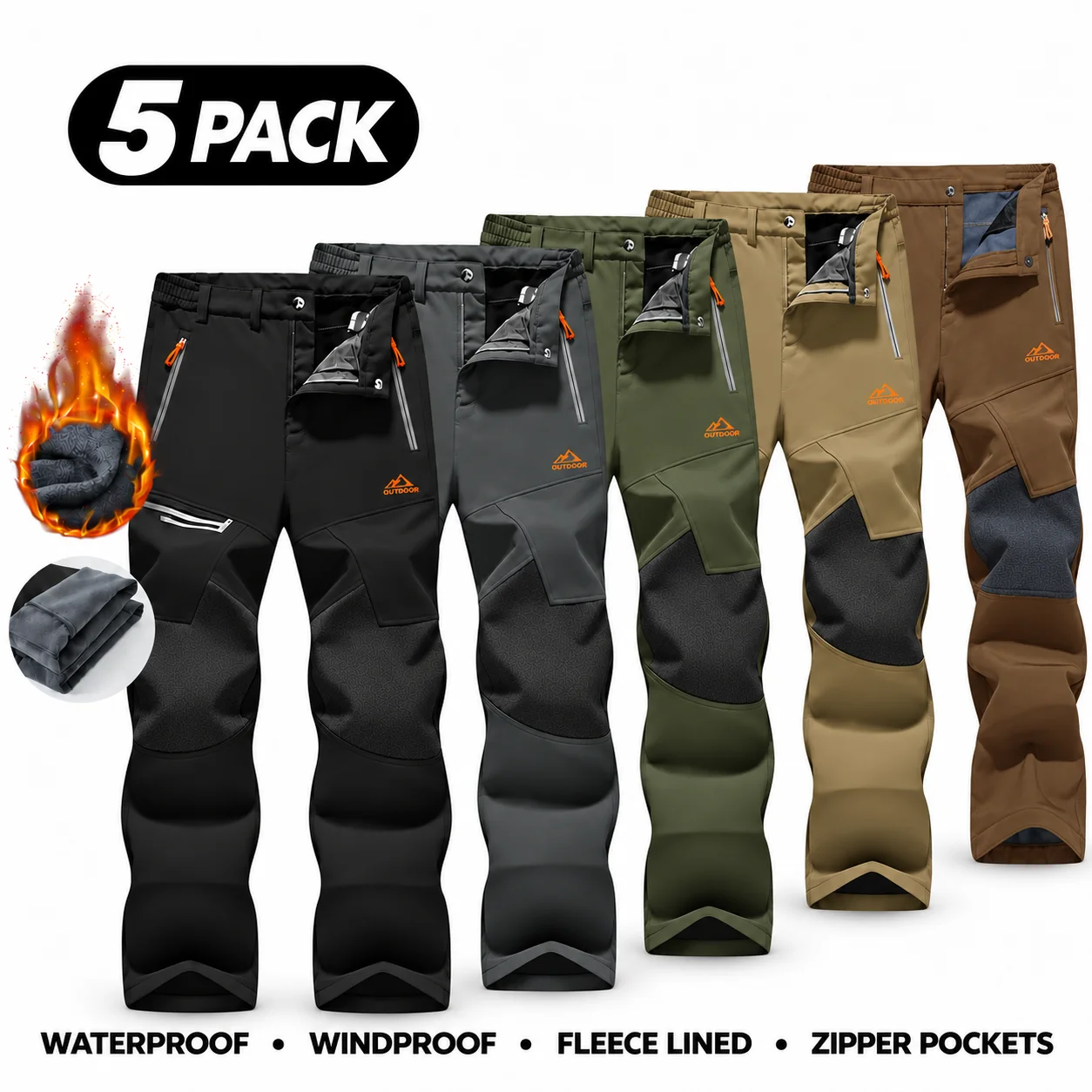 Men's Water-Resistant Fleece-Lined Snow Pants with 4 Zip Pockets & Reinforced Knees