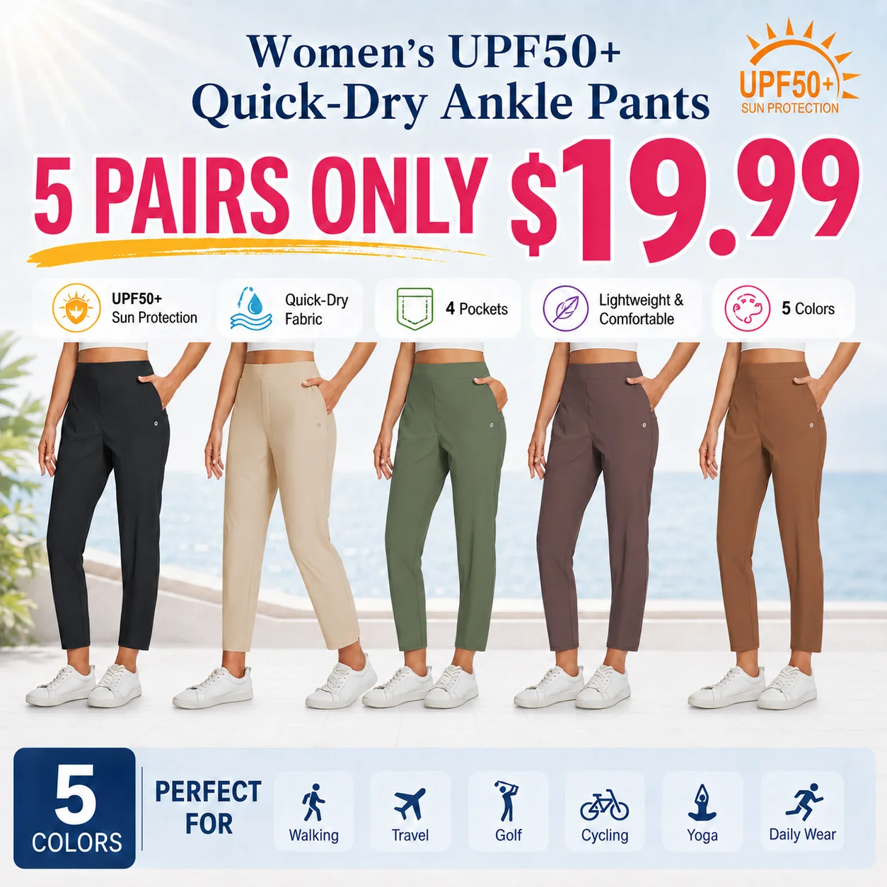 Women's UPF50+ Quick-Dry Ankle Pants with 4 Pockets