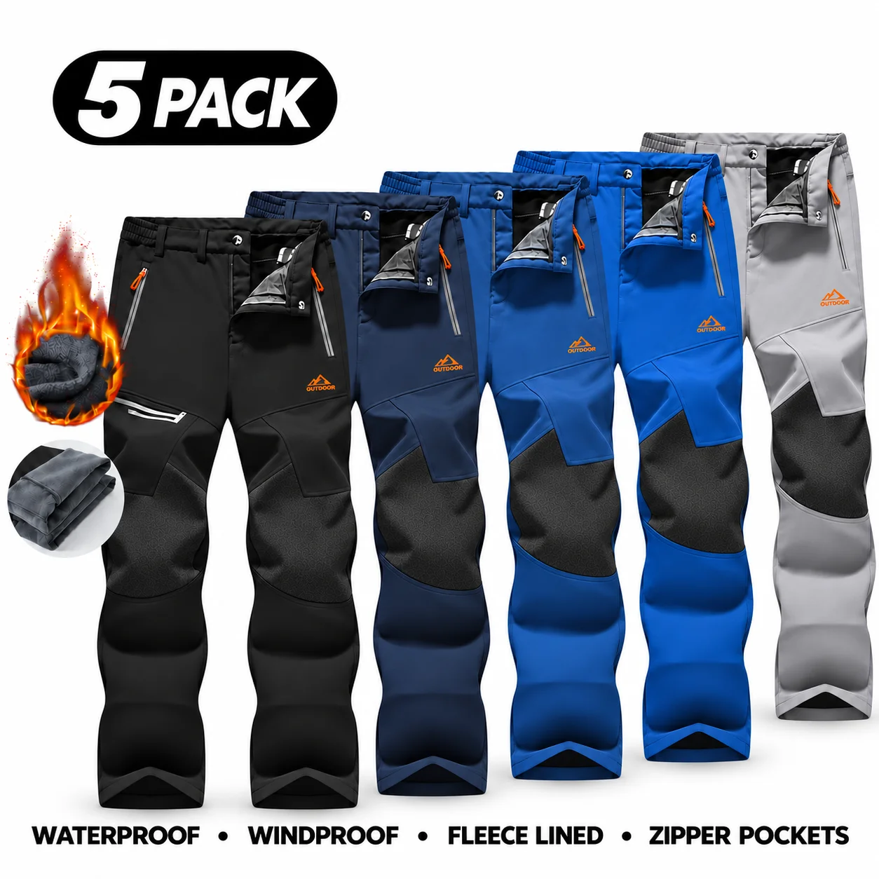 Men's Water-Resistant Fleece-Lined Snow Pants with 4 Zip Pockets & Reinforced Knees