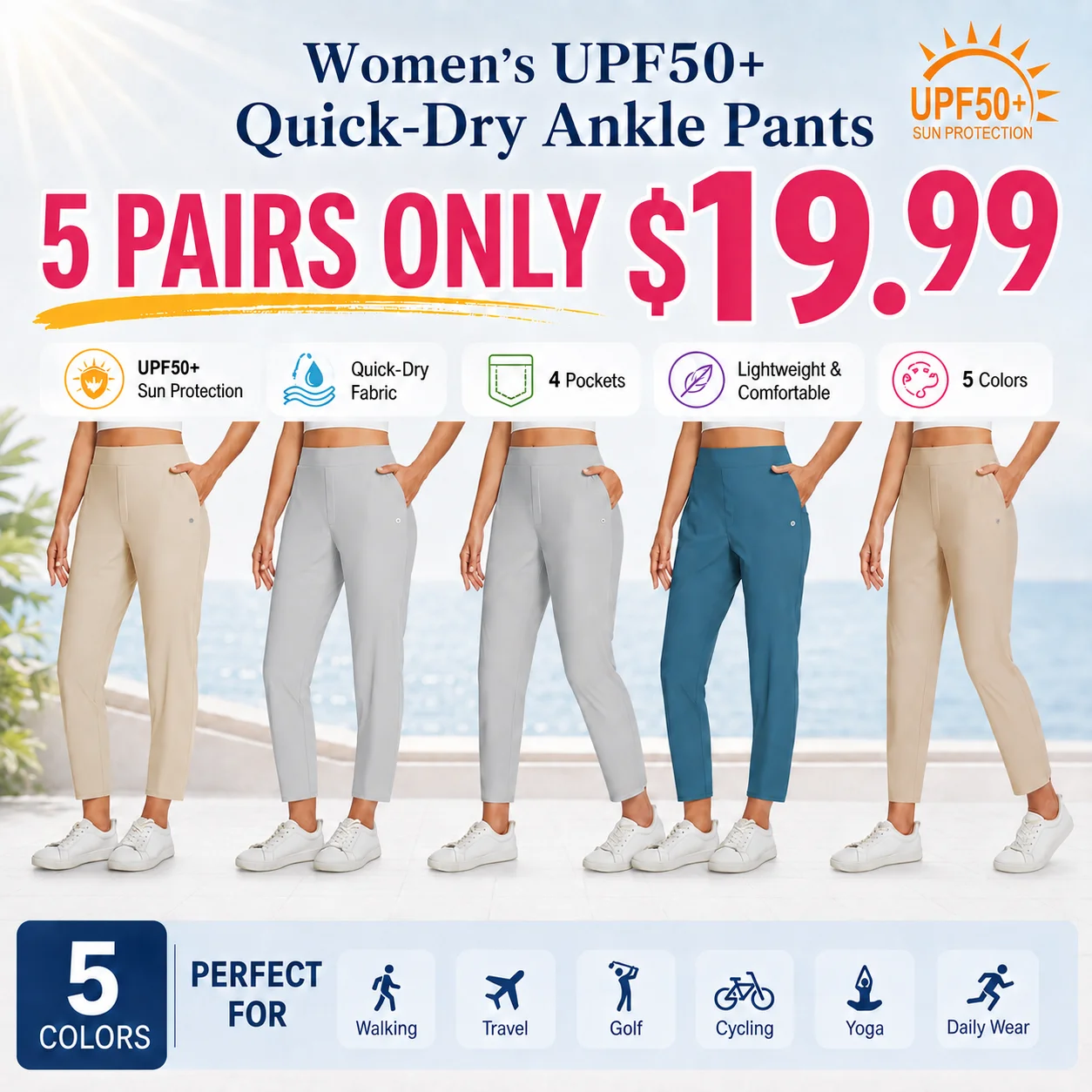 Women's UPF50+ Quick-Dry Ankle Pants with 4 Pockets