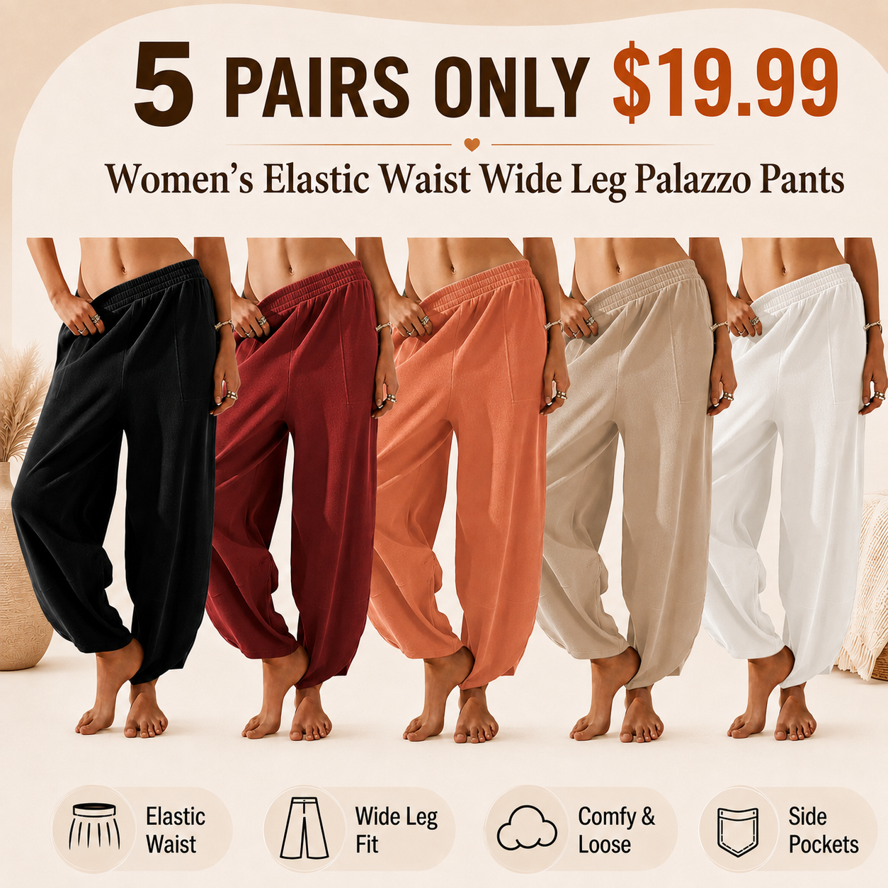 Women's Elastic Waist Wide Leg Palazzo Pants