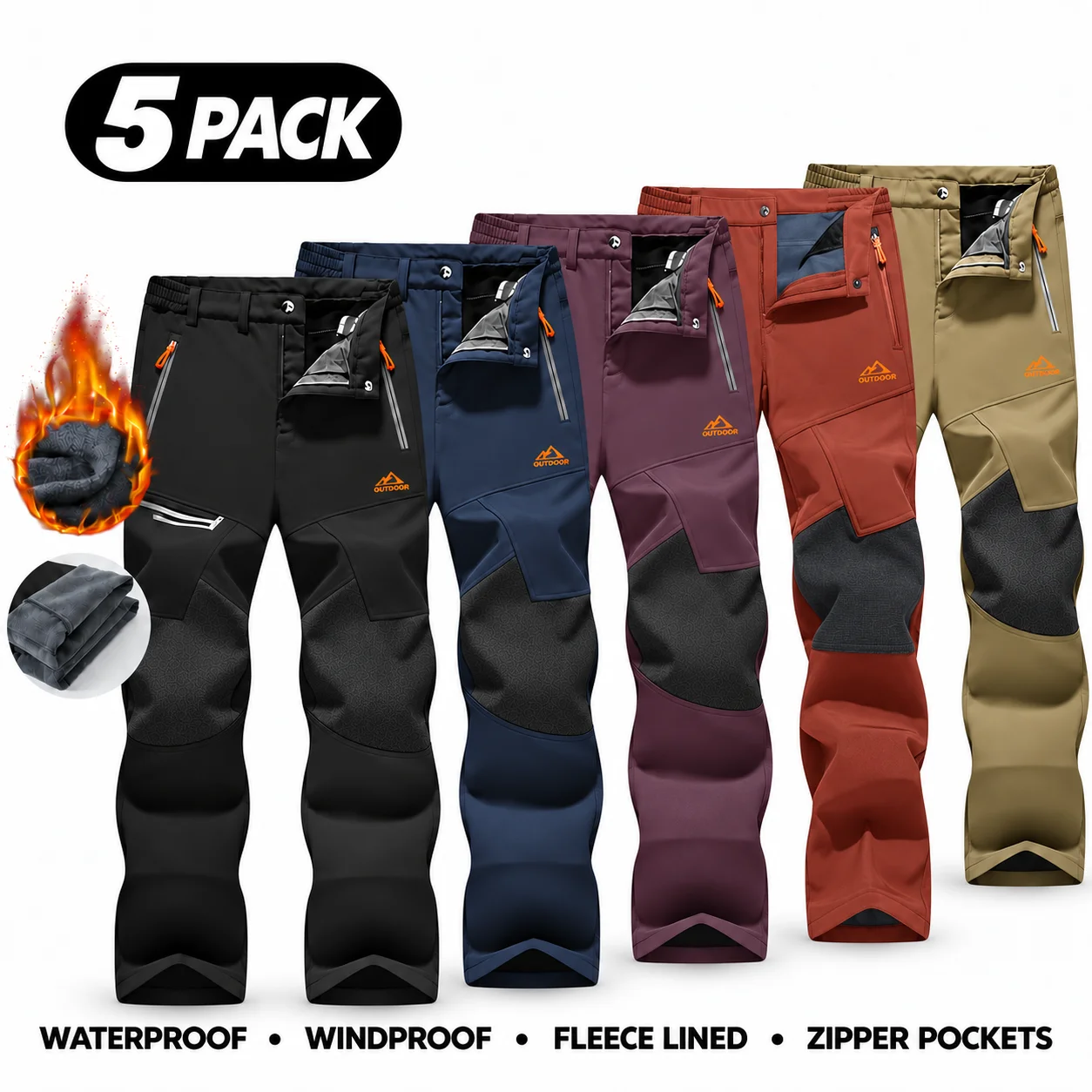 Men's Water-Resistant Fleece-Lined Snow Pants with 4 Zip Pockets & Reinforced Knees