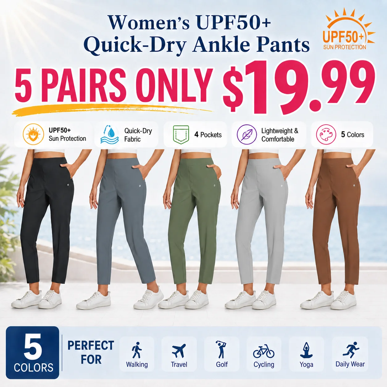 Women's UPF50+ Quick-Dry Ankle Pants with 4 Pockets