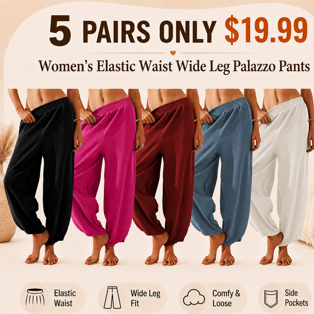 Women's Elastic Waist Wide Leg Palazzo Pants
