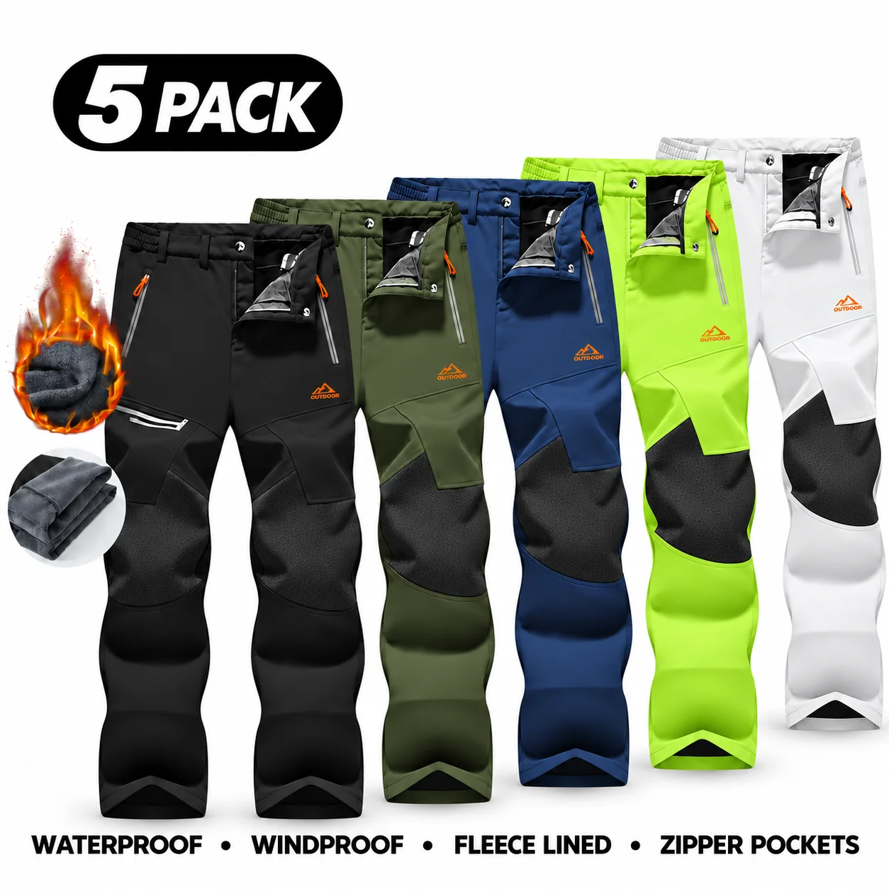 Men's Water-Resistant Fleece-Lined Snow Pants with 4 Zip Pockets & Reinforced Knees