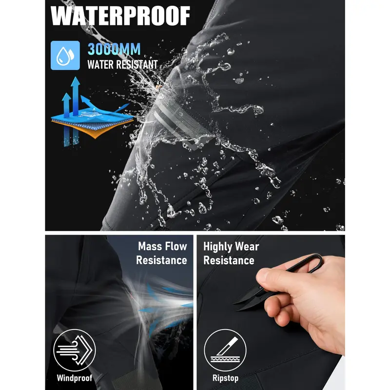 Men's Water-Resistant Fleece-Lined Snow Pants with 4 Zip Pockets & Reinforced Knees