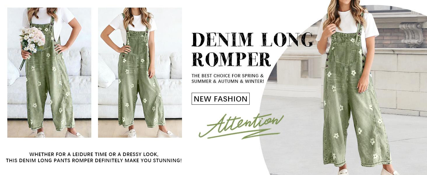 utcoco Women's Floral Printed Adjustable Strap Denim Bib Overall - Cute Chic Wide Leg Baggy Jeans Jumpsuit, Versatile Clothes for Matching Shirts