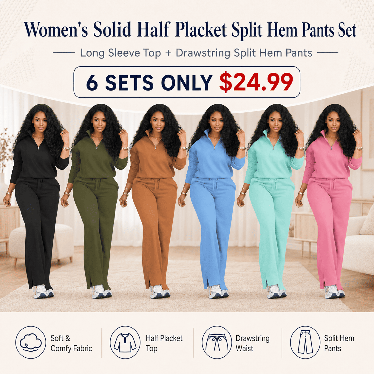 Women's Solid Half Placket Split Hem Pants Set