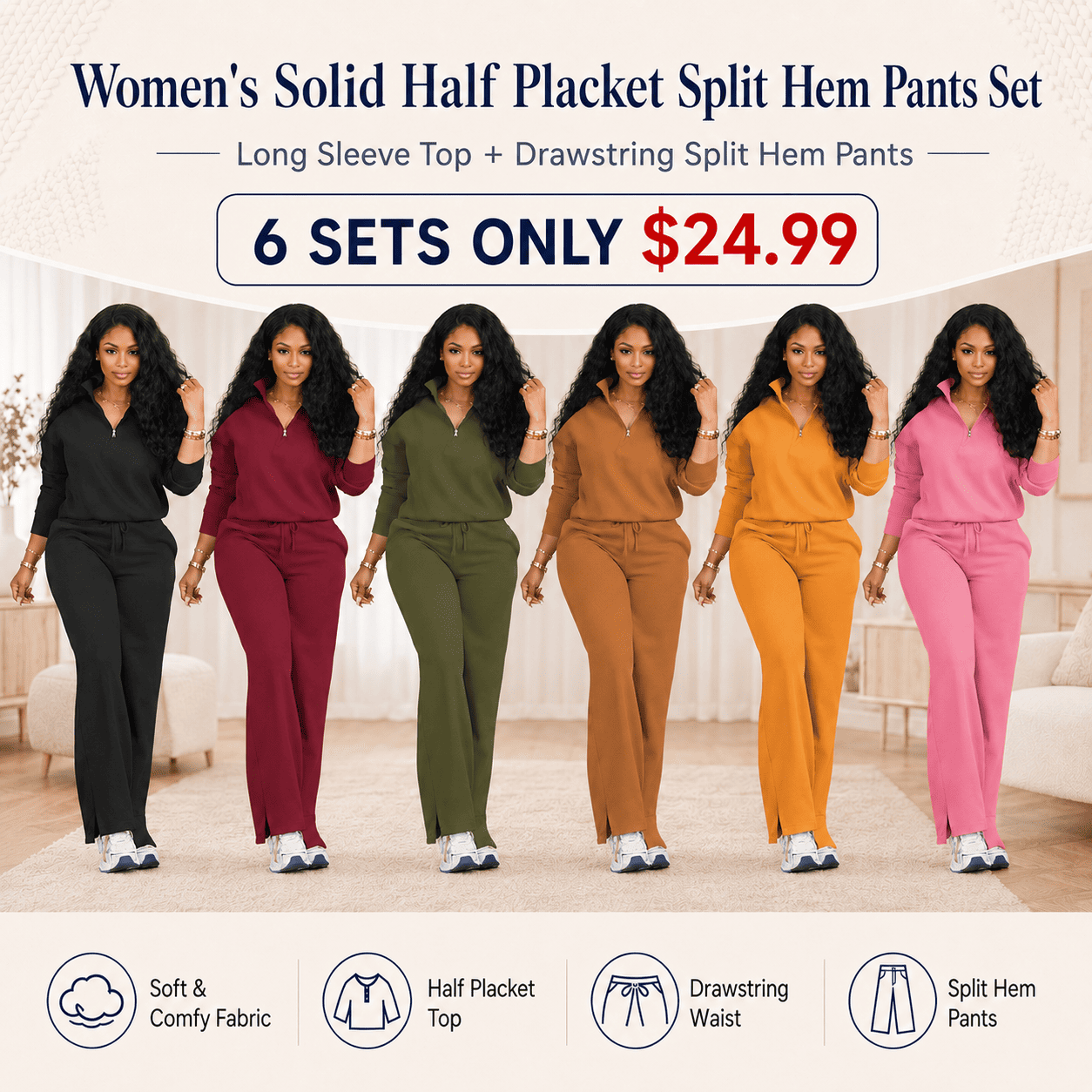 Women's Solid Half Placket Split Hem Pants Set