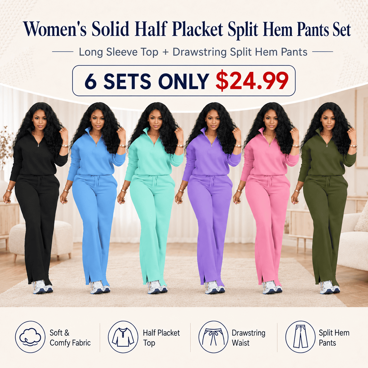 Women's Solid Half Placket Split Hem Pants Set