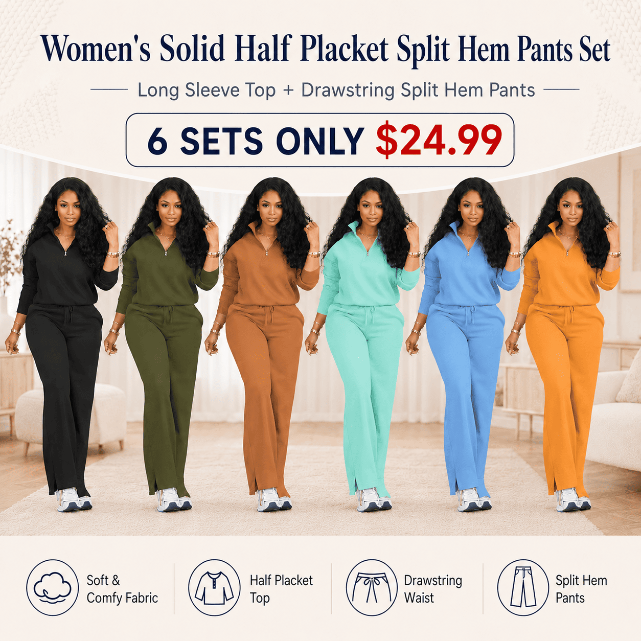 Women's Solid Half Placket Split Hem Pants Set