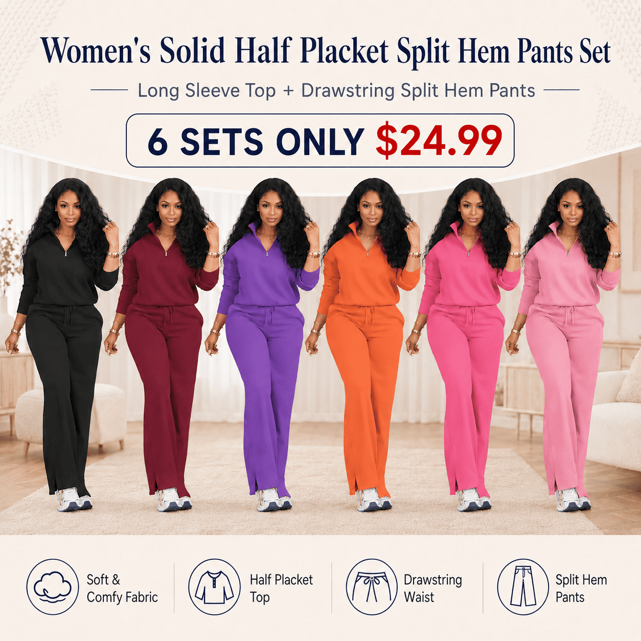 Women's Solid Half Placket Split Hem Pants Set