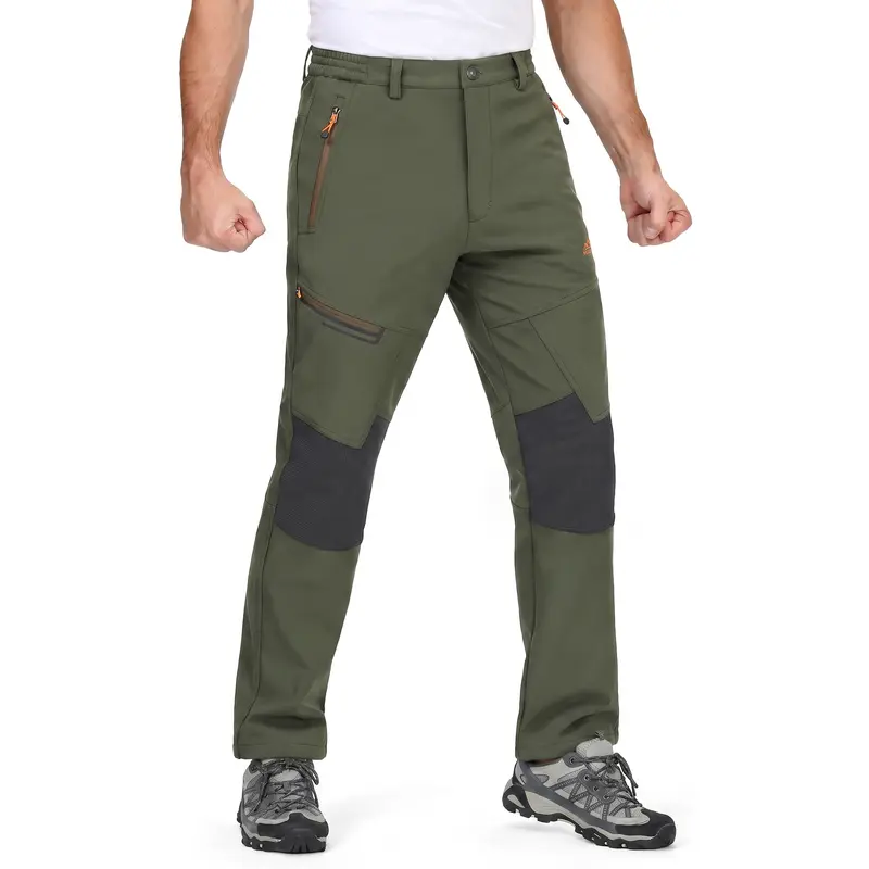 Men's Water-Resistant Fleece-Lined Snow Pants with 4 Zip Pockets & Reinforced Knees