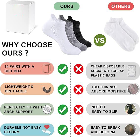 14 Pairs Unisex Breathable Low-Cut Ankle Socks with Heel Tab