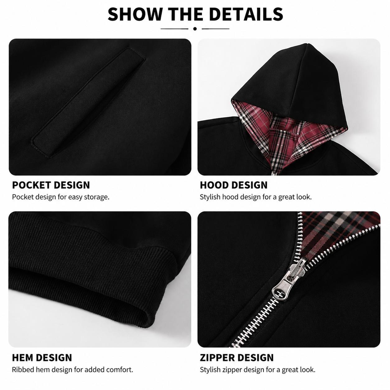 Unisex cotton-blend reversible hooded set, plaid hoodie jacket worn two ways + casual long pants, with pocket design, comfortable casual street-style two-piece set. Unisex cotton-blend reversible hooded set, plaid hoodie jacket worn two ways + casual long pants, with pocket design, comfortable casual street-style two-piece set.