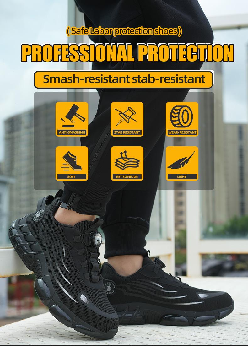Men's Lace Up Low Top Anti Piercing & Anti Smashing Safety Shoes with Rotating Button, Casual Comfortable Breathable Contrast Mesh Work Shoes, Contrast Mesh Design Anti-slip Shoes for Outdoor Work, Working Shoes