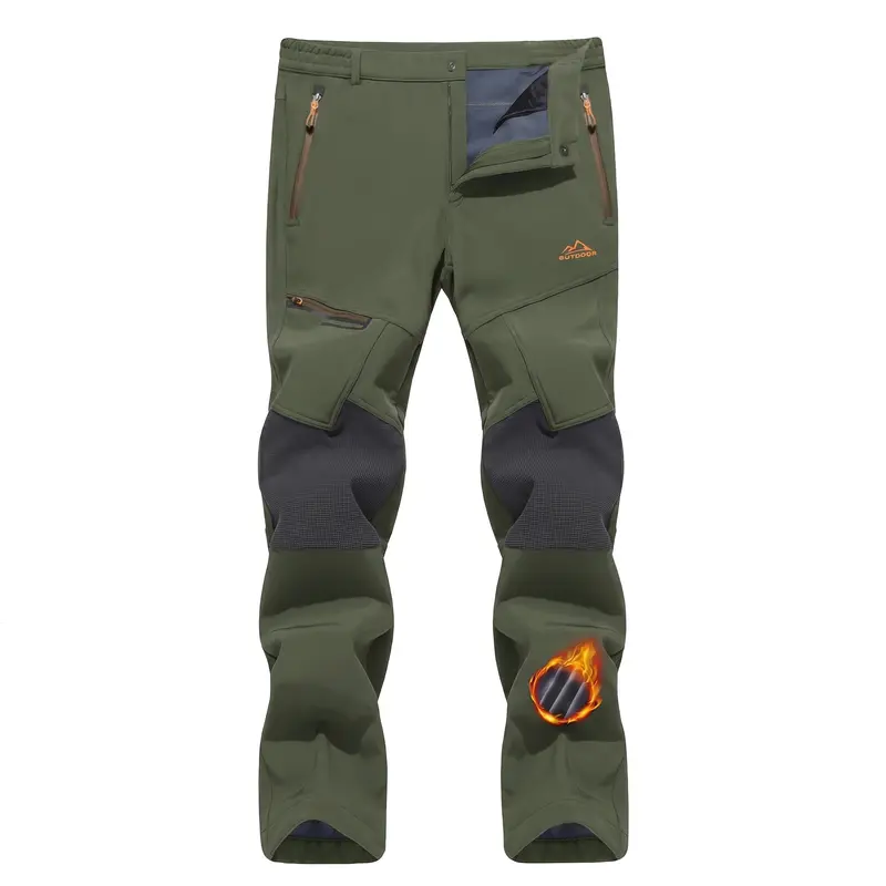Men's Water-Resistant Fleece-Lined Snow Pants with 4 Zip Pockets & Reinforced Knees