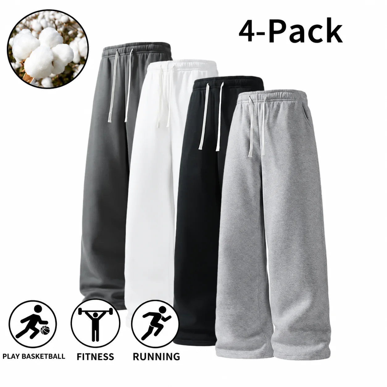 Men's 4-Pack 100% Cotton Ultra-Soft Wide-Leg Sweatpants for Fall & Winter