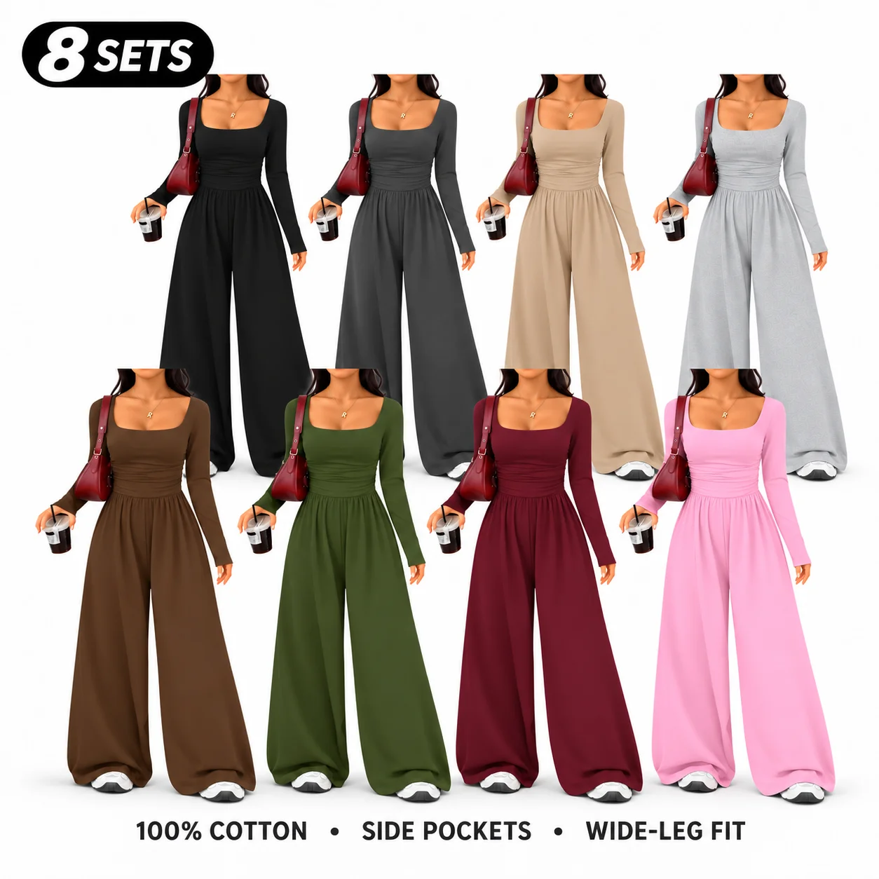 Women’s 100% Cotton Long Sleeve Knit Wide-Leg Jumpsuit with Pockets