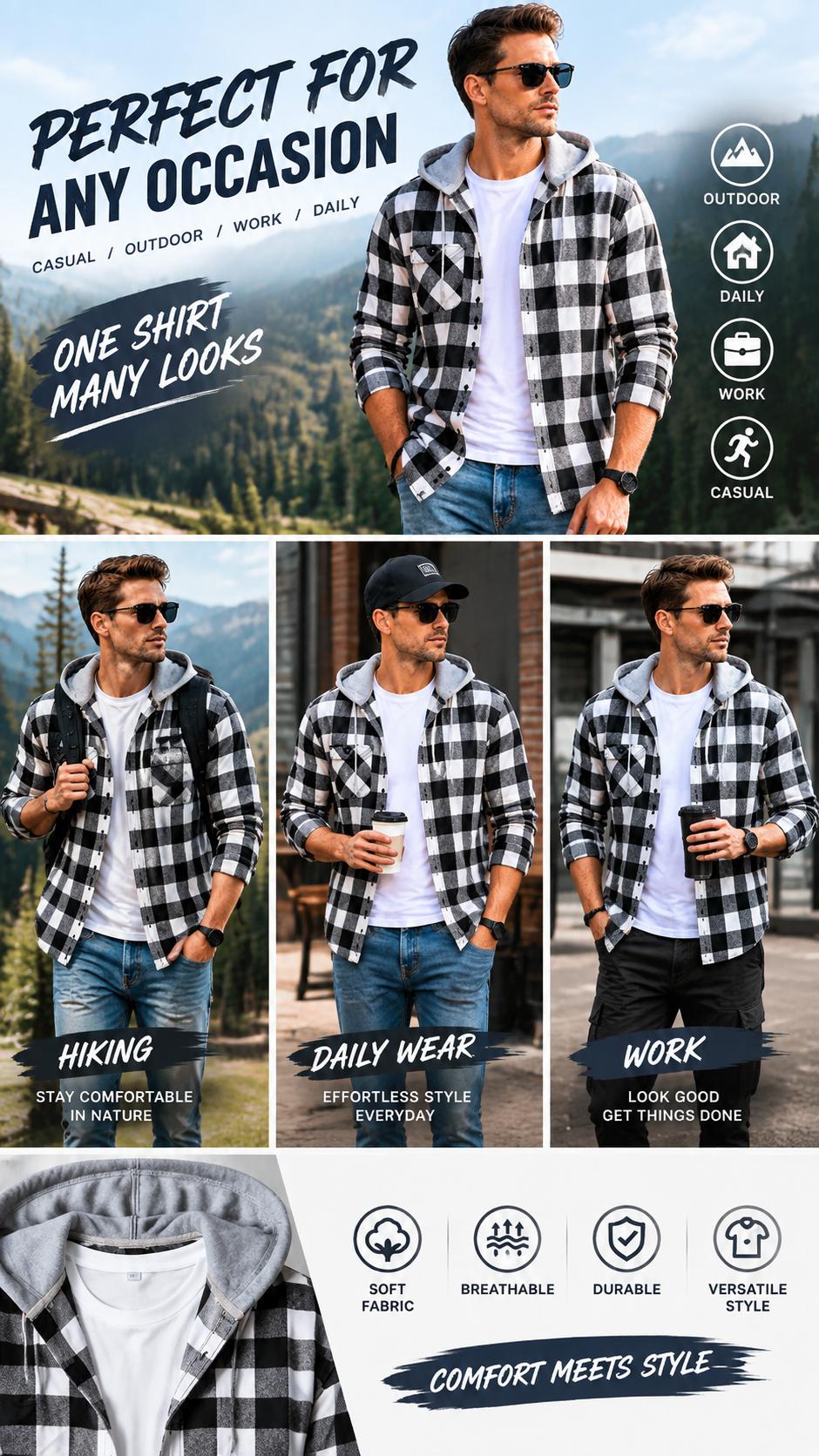 ZITY Men's Big & Tall [M-6XL] plaid front buckle ankle drawstring hooded shirt, regular style casual, fashionable, comfortable long sleeved jacket with pockets, suitable for spring and autumn, men's daily wear