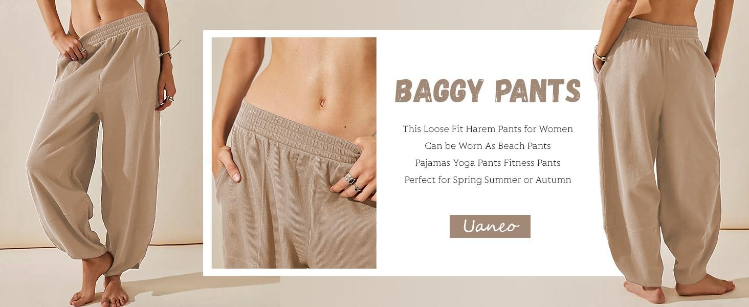 UANEO SummerVibes Women's Baggy Wideleg Pants Casual Elastic Waisted Palazzo Harem Pants with Pockets